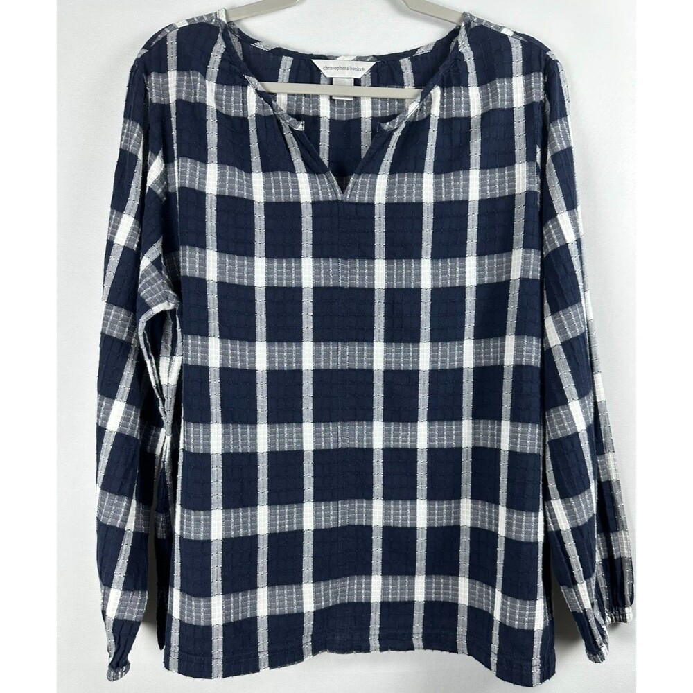 Christopher & Banks 100% Cotton Plaid Top XL Navy White Coastal Nautical Preppy
